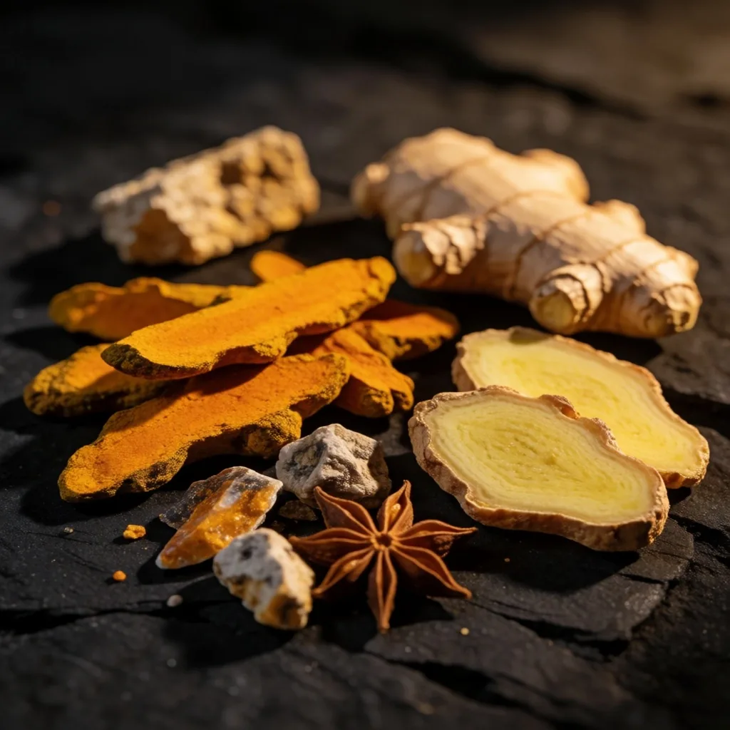 Dried botanical specimens on dark surface