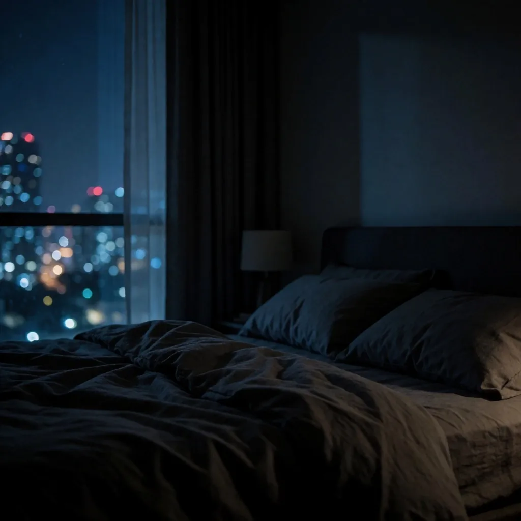 Dark bedroom with city lights at night